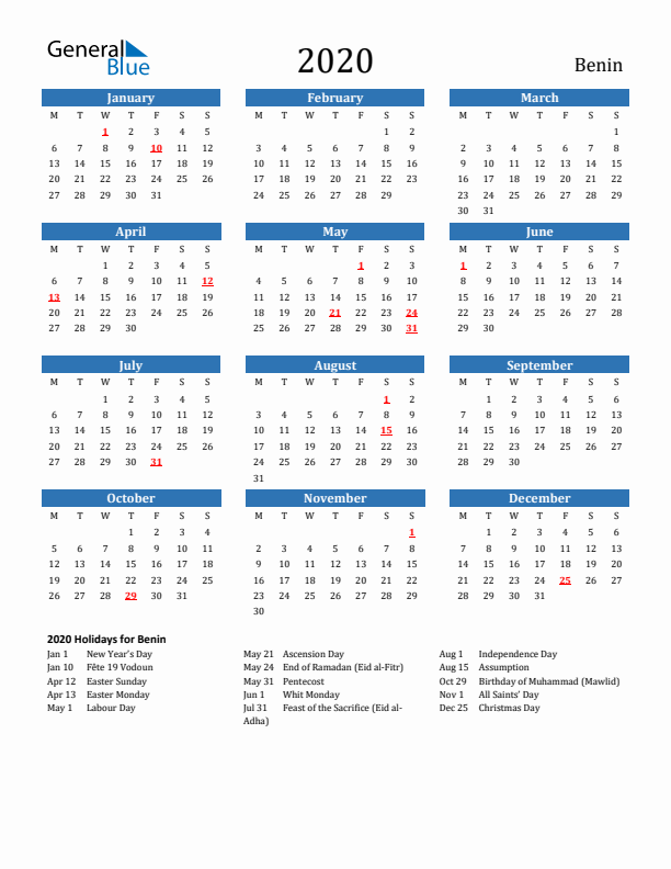Benin 2020 Calendar with Holidays