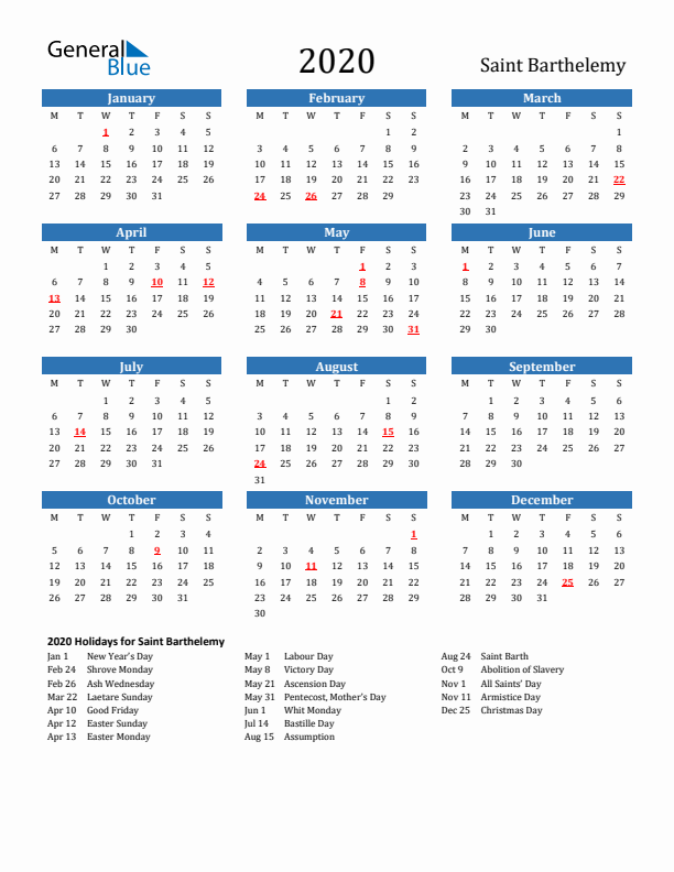 Saint Barthelemy 2020 Calendar with Holidays