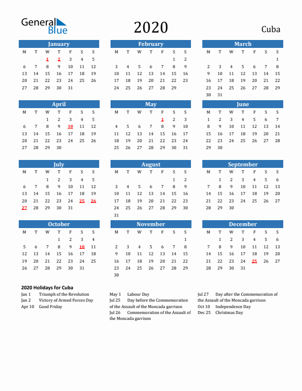 Cuba 2020 Calendar with Holidays
