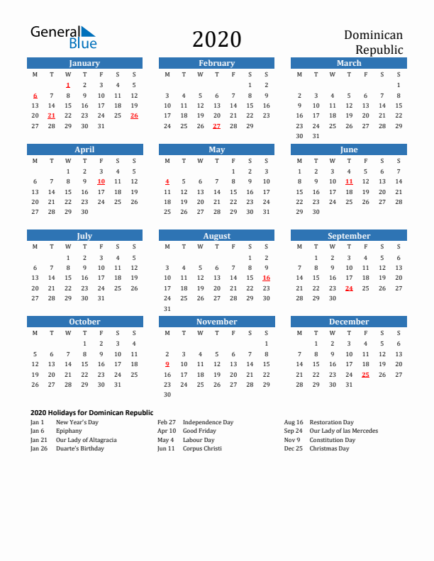 Dominican Republic 2020 Calendar with Holidays