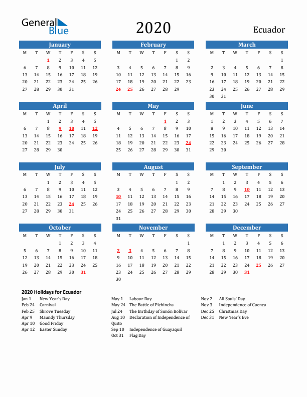 Ecuador 2020 Calendar with Holidays