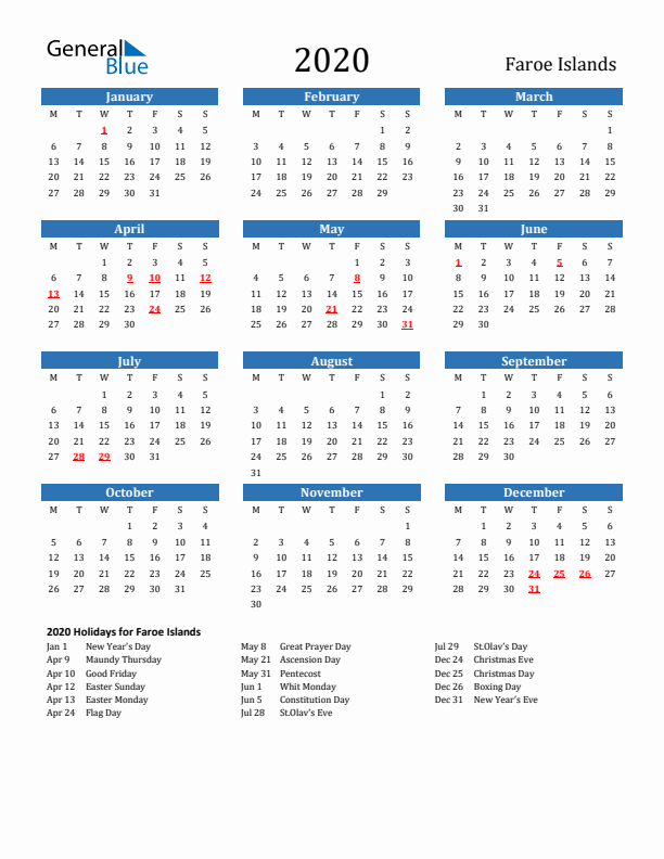 Faroe Islands 2020 Calendar with Holidays