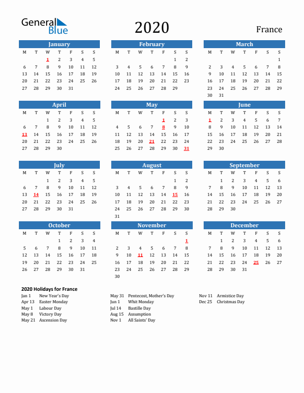 France 2020 Calendar with Holidays