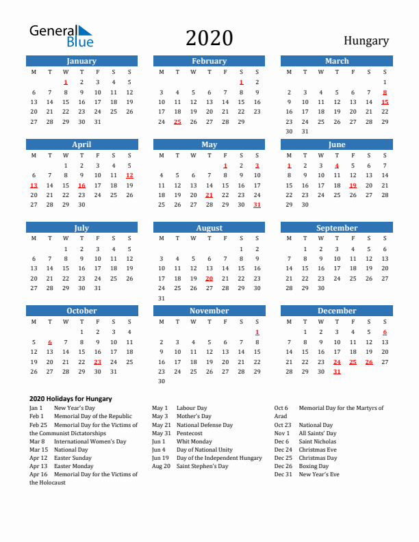 Hungary 2020 Calendar with Holidays