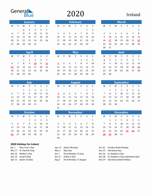Ireland 2020 Calendar with Holidays