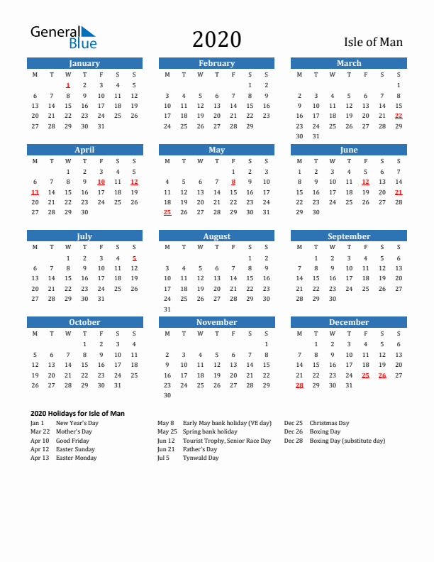 Isle of Man 2020 Calendar with Holidays