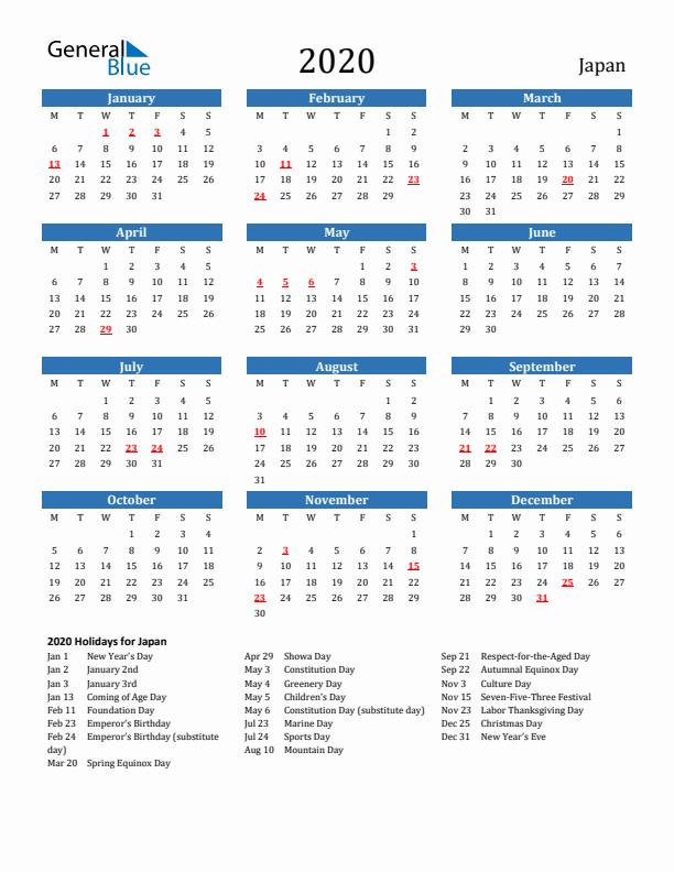 Japan 2020 Calendar with Holidays