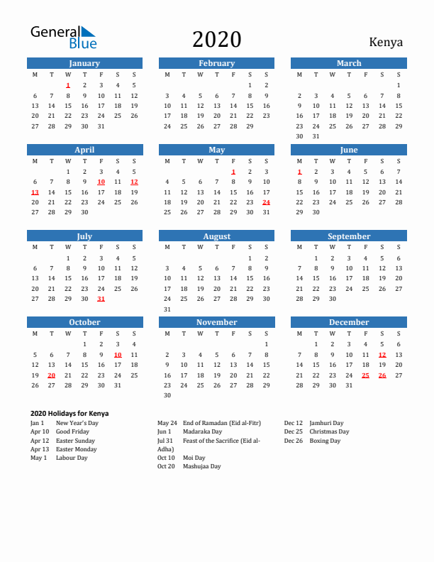 Kenya 2020 Calendar with Holidays