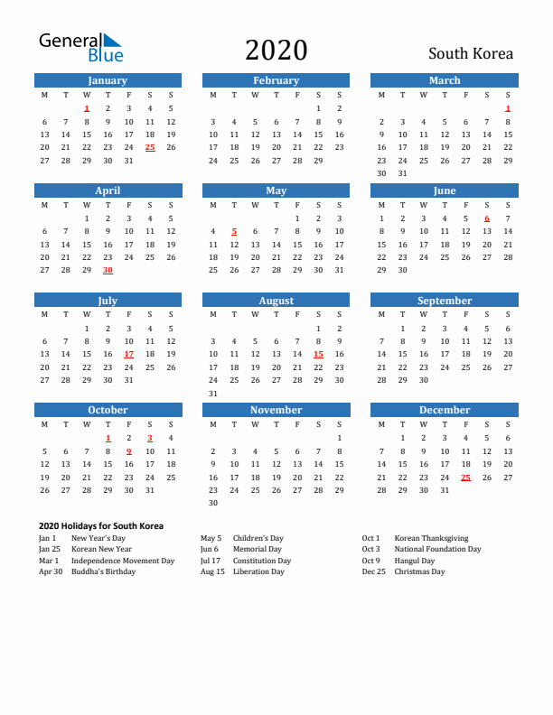 South Korea 2020 Calendar with Holidays