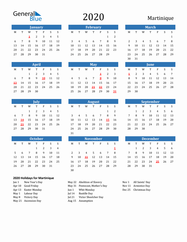 Martinique 2020 Calendar with Holidays