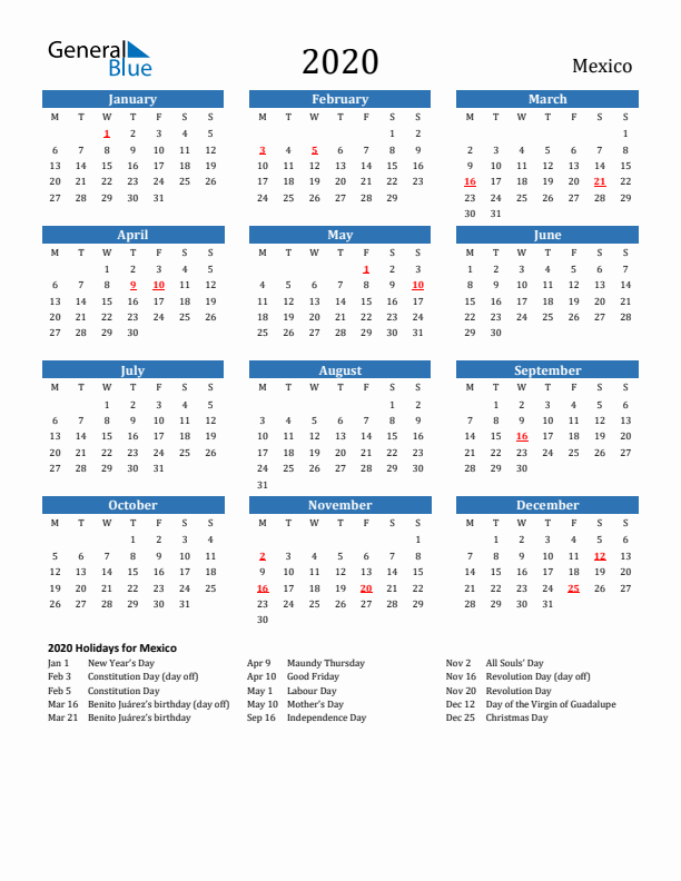 Mexico 2020 Calendar with Holidays
