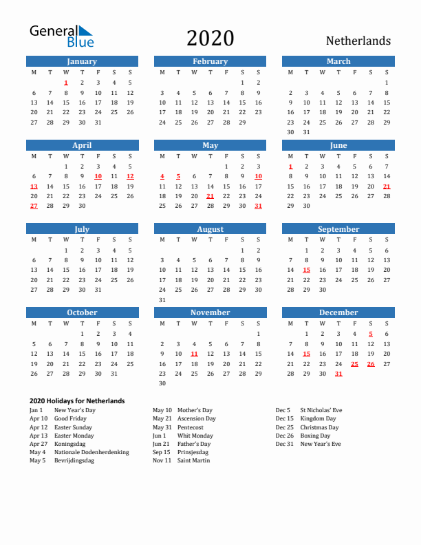 The Netherlands 2020 Calendar with Holidays