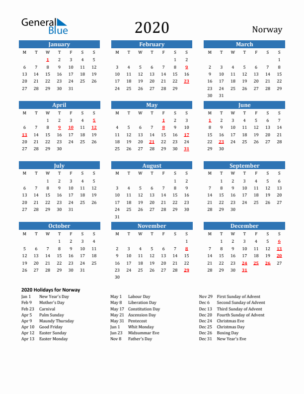 Norway 2020 Calendar with Holidays