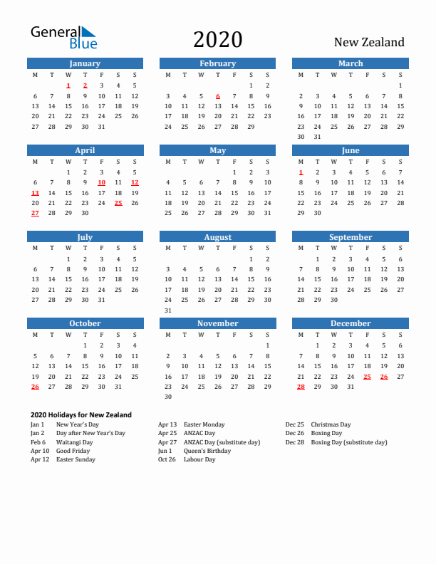 New Zealand 2020 Calendar with Holidays