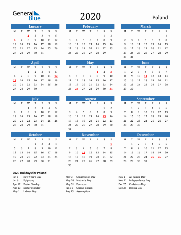 Poland 2020 Calendar with Holidays