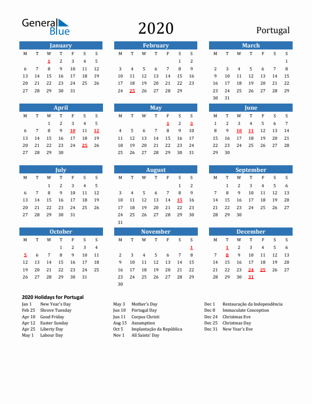 Portugal 2020 Calendar with Holidays