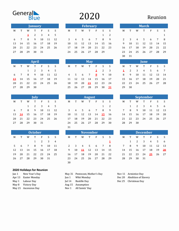 Reunion 2020 Calendar with Holidays