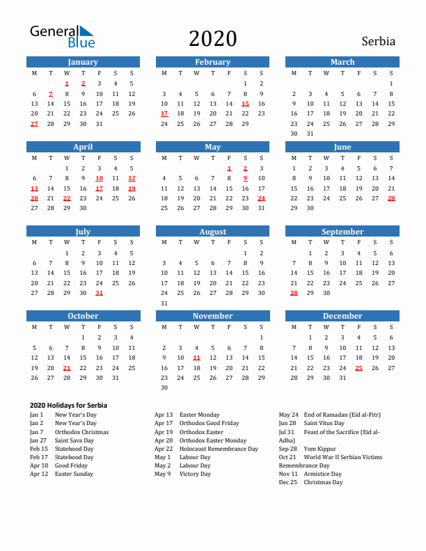Serbia 2020 Calendar with Holidays