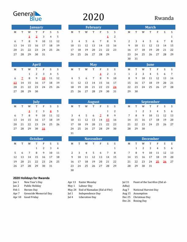 Rwanda 2020 Calendar with Holidays