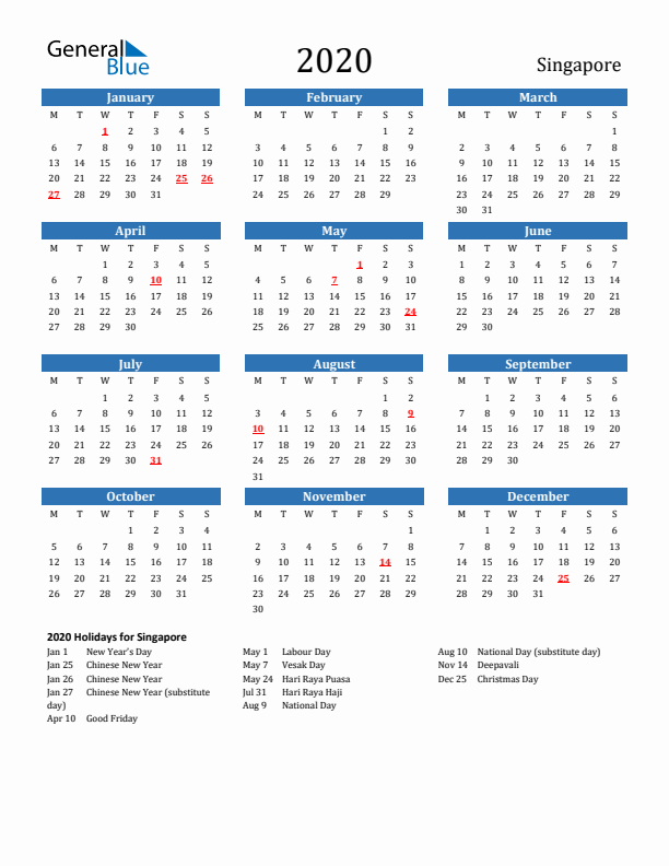 Singapore 2020 Calendar with Holidays