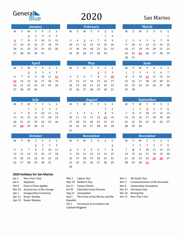 San Marino 2020 Calendar with Holidays