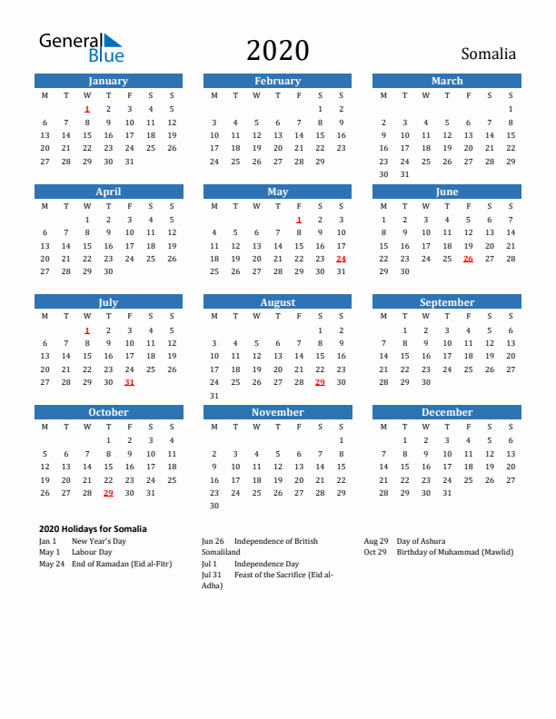 Somalia 2020 Calendar with Holidays