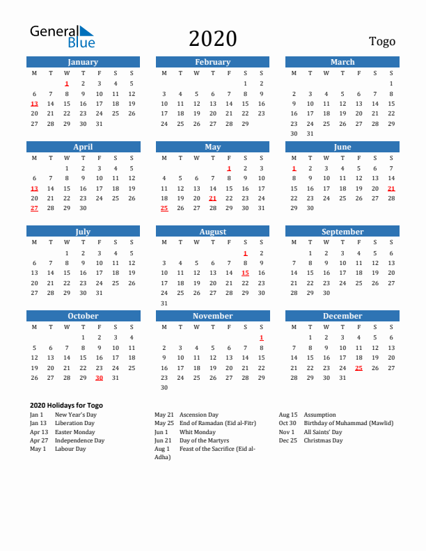 Togo 2020 Calendar with Holidays