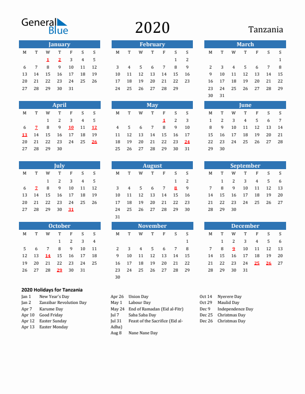 Tanzania 2020 Calendar with Holidays