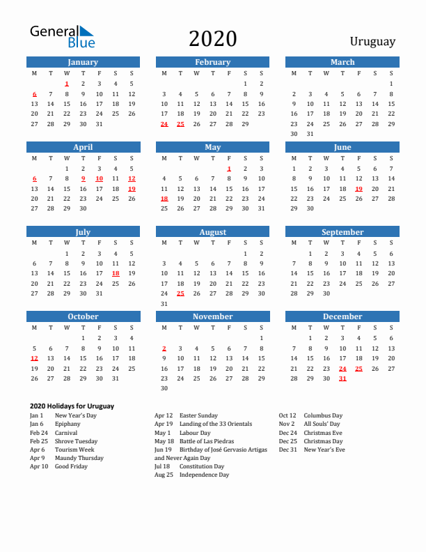 Uruguay 2020 Calendar with Holidays