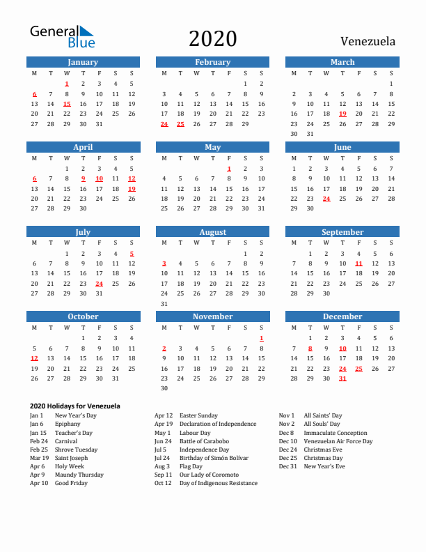 Venezuela 2020 Calendar with Holidays