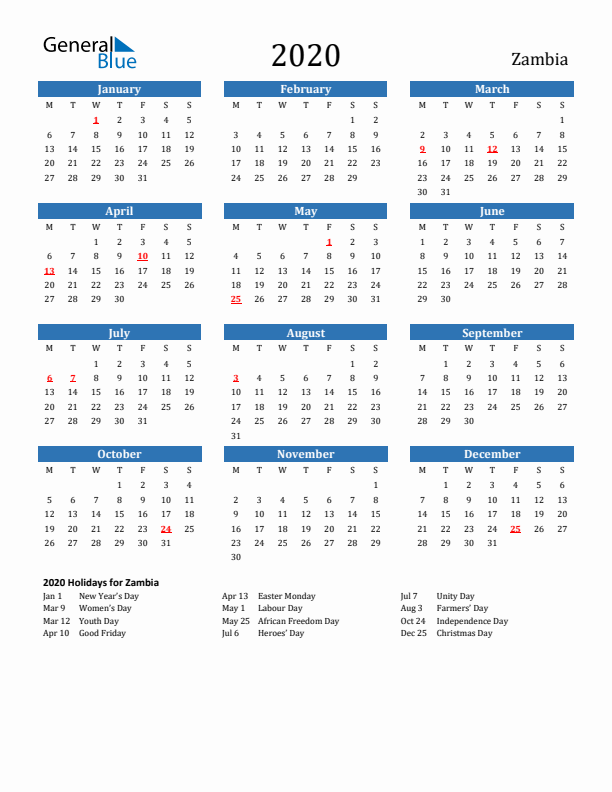Zambia 2020 Calendar with Holidays