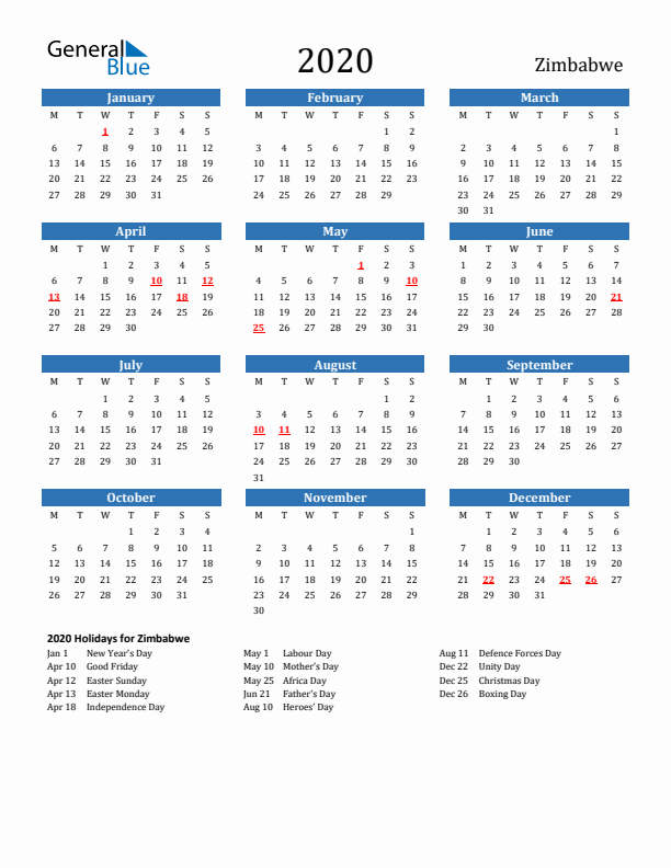 Zimbabwe 2020 Calendar with Holidays