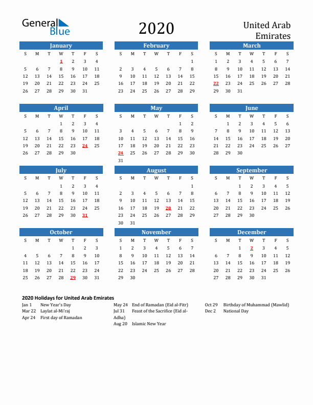 United Arab Emirates 2020 Calendar with Holidays