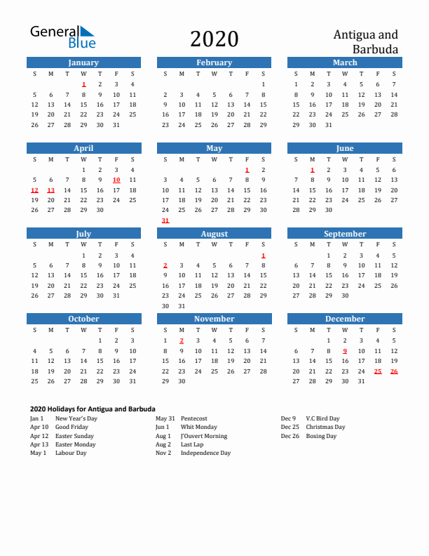 Antigua and Barbuda 2020 Calendar with Holidays