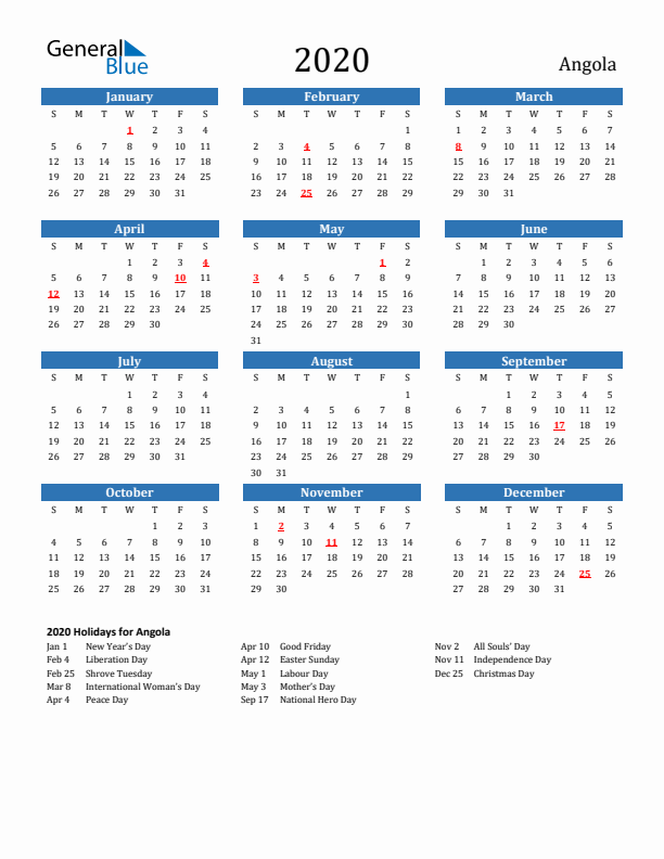 Angola 2020 Calendar with Holidays