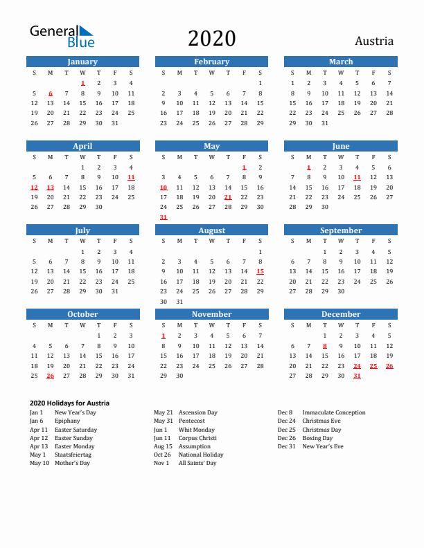 Austria 2020 Calendar with Holidays