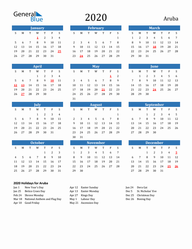 Aruba 2020 Calendar with Holidays