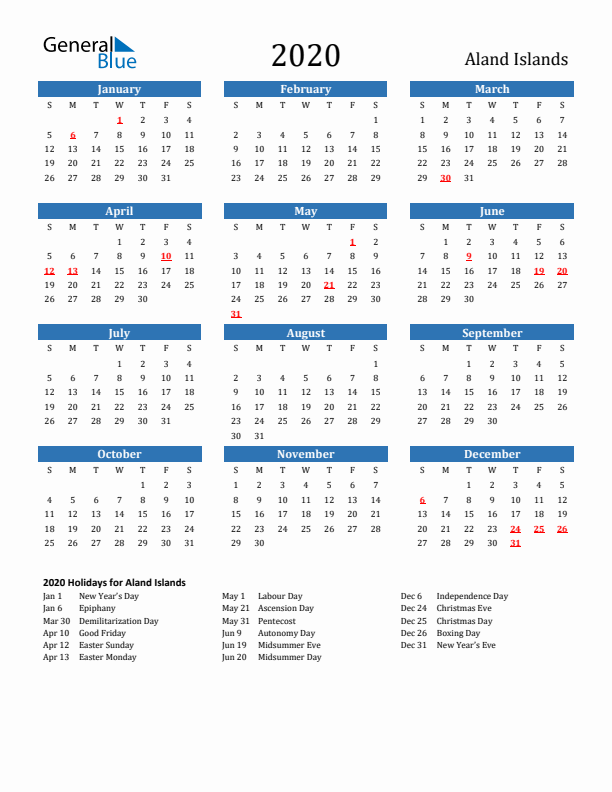 Aland Islands 2020 Calendar with Holidays