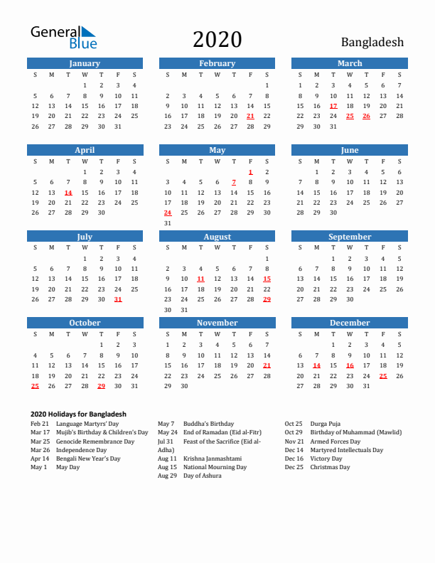 Bangladesh 2020 Calendar with Holidays