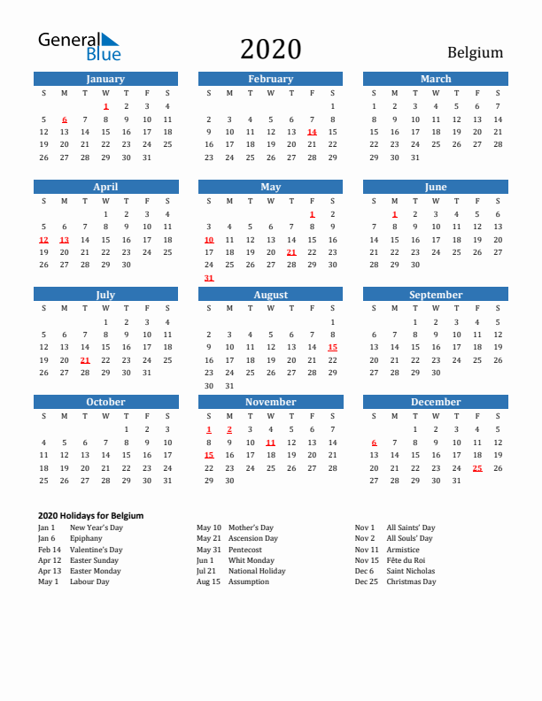 Belgium 2020 Calendar with Holidays