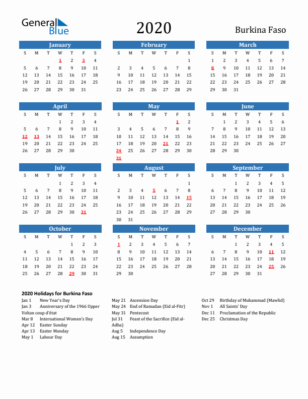 Burkina Faso 2020 Calendar with Holidays