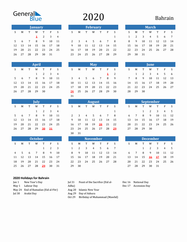 Bahrain 2020 Calendar with Holidays