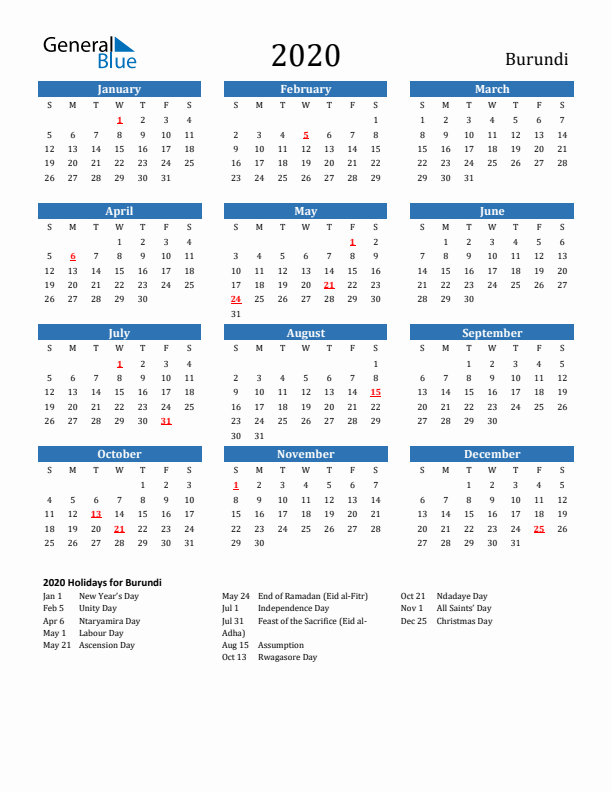 Burundi 2020 Calendar with Holidays