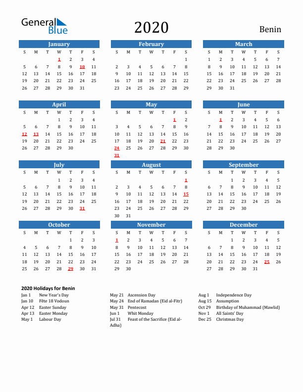 Benin 2020 Calendar with Holidays