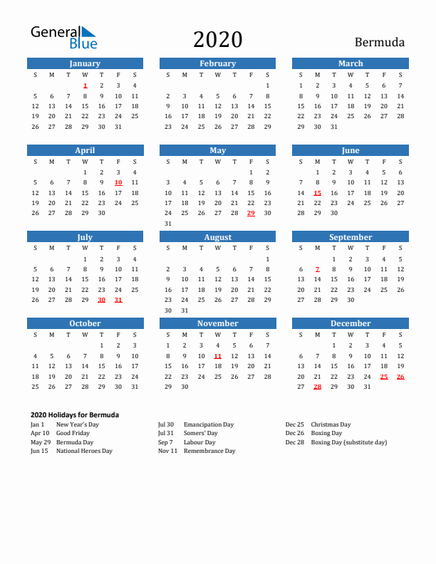 Bermuda 2020 Calendar with Holidays