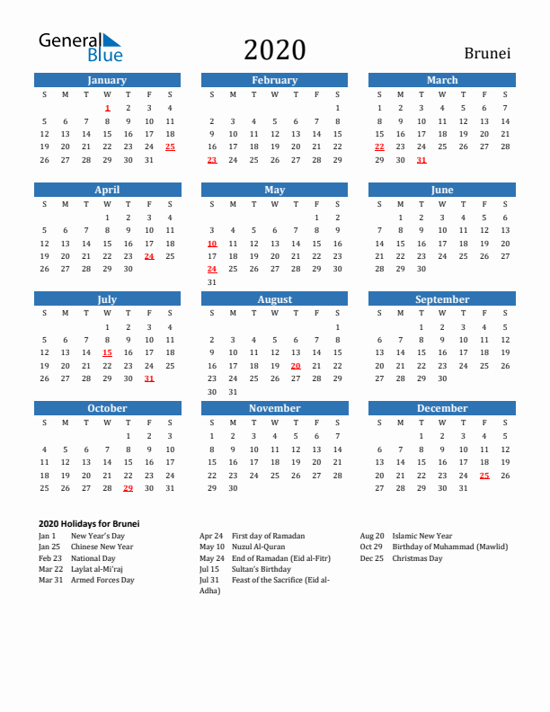 Brunei 2020 Calendar with Holidays