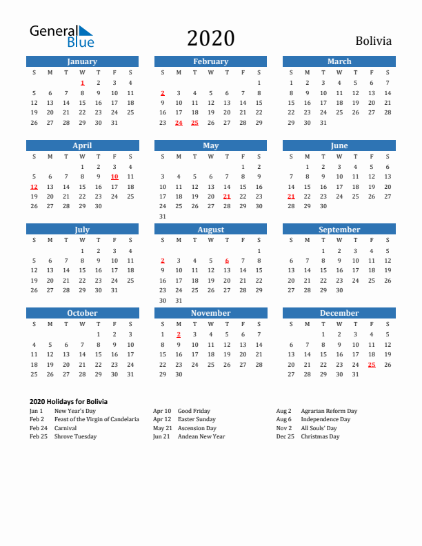 Bolivia 2020 Calendar with Holidays
