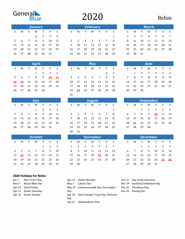 Belize 2020 Calendar with Holidays