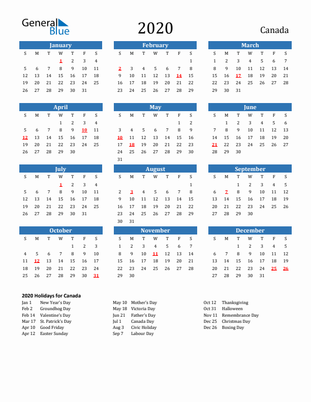 Canada 2020 Calendar with Holidays