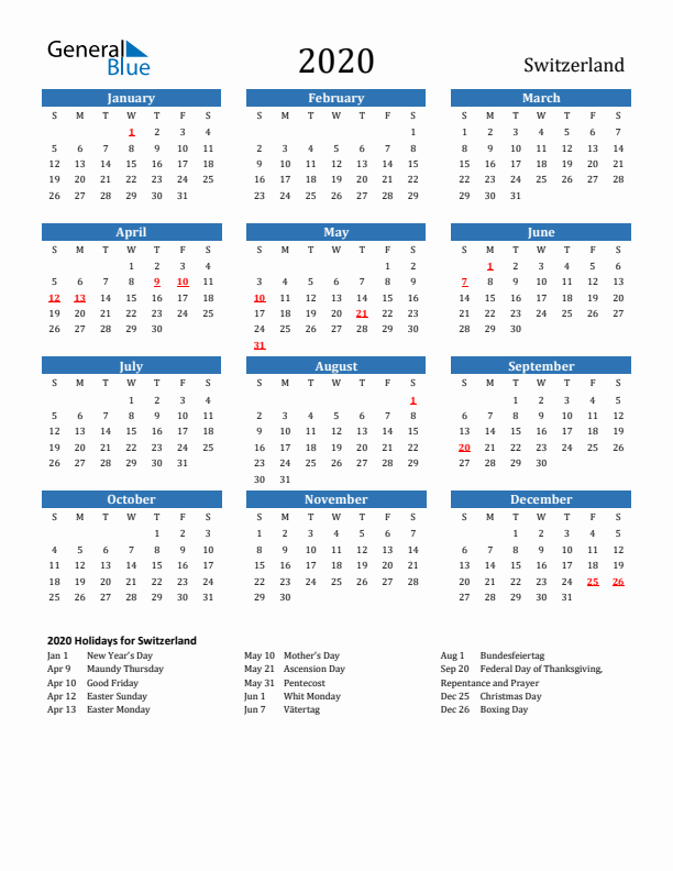 Switzerland 2020 Calendar with Holidays